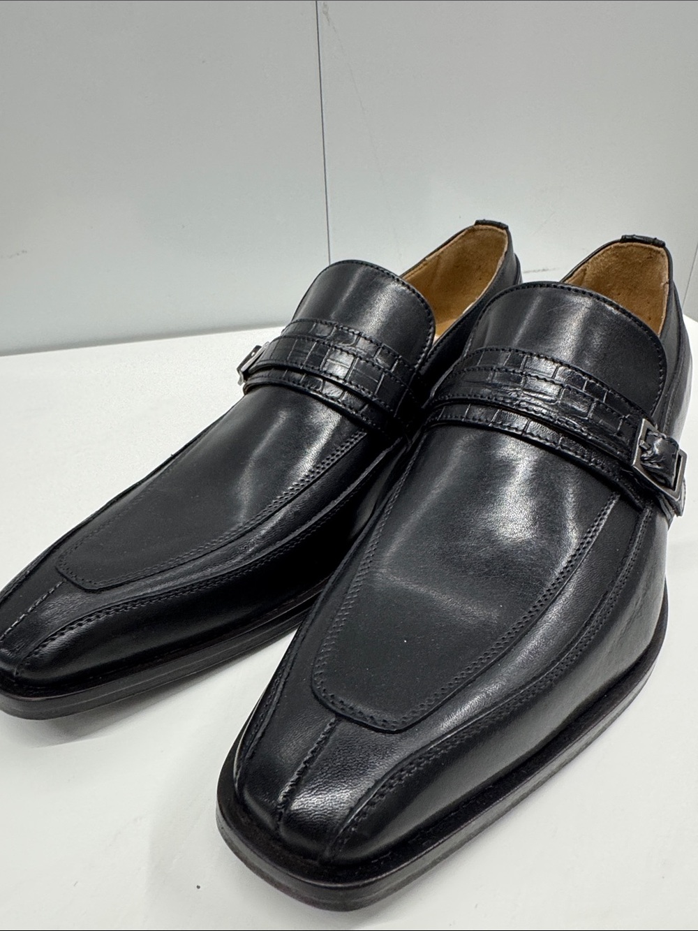 Caporicci Black Leather Slip-On Moc Toe Loafers alligator strap size 9 (42) 🐊🇮🇹